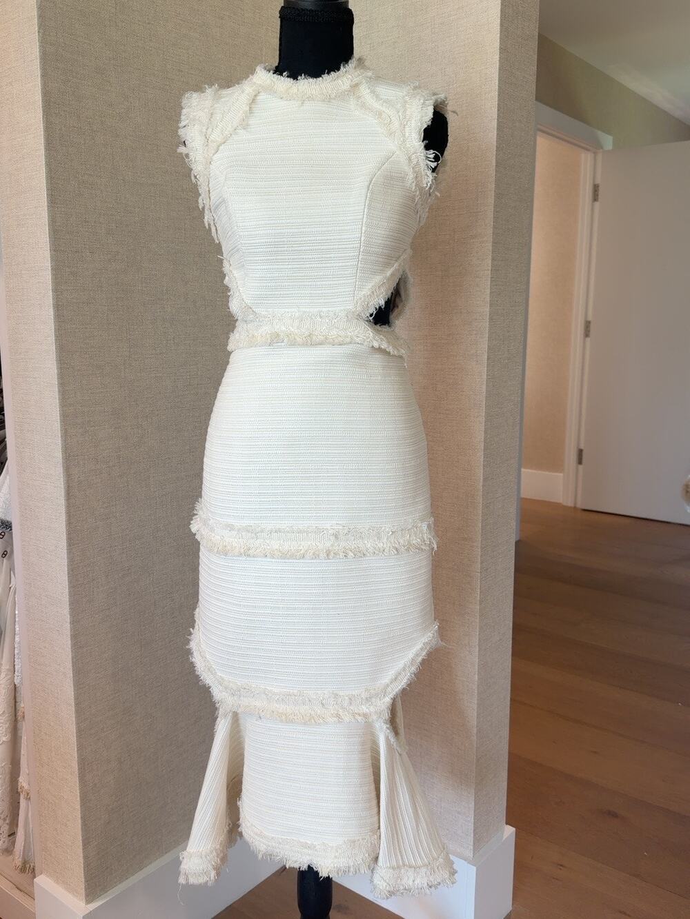 ALEXIS Ivory Textured Fringe Cutout Mermaid Midi Dress XS